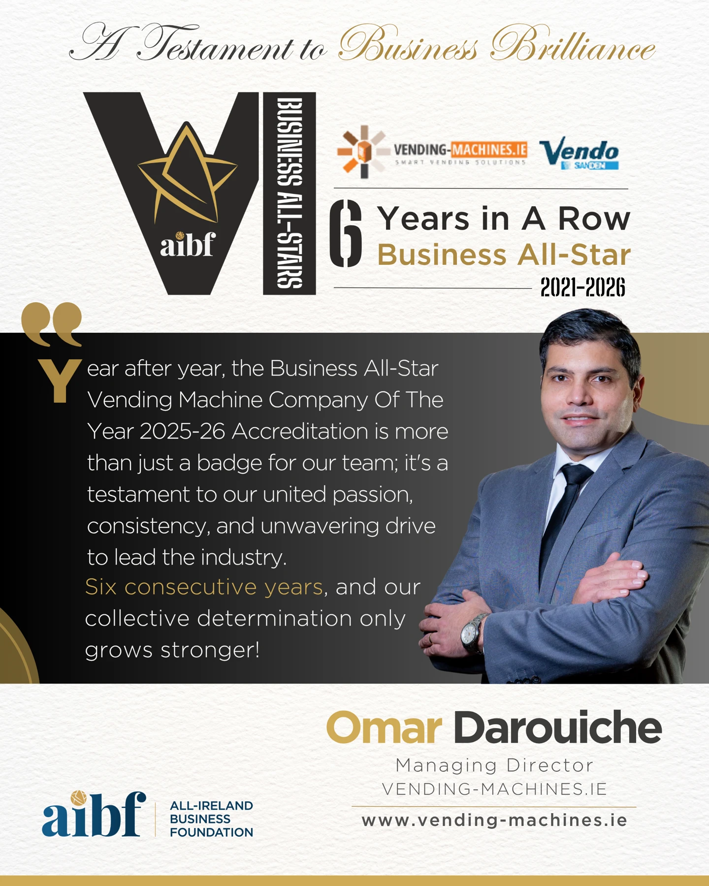 Six years in a row: Vending-Machines.ie Business All-Star celebration with Managing Director Omar Darouiche