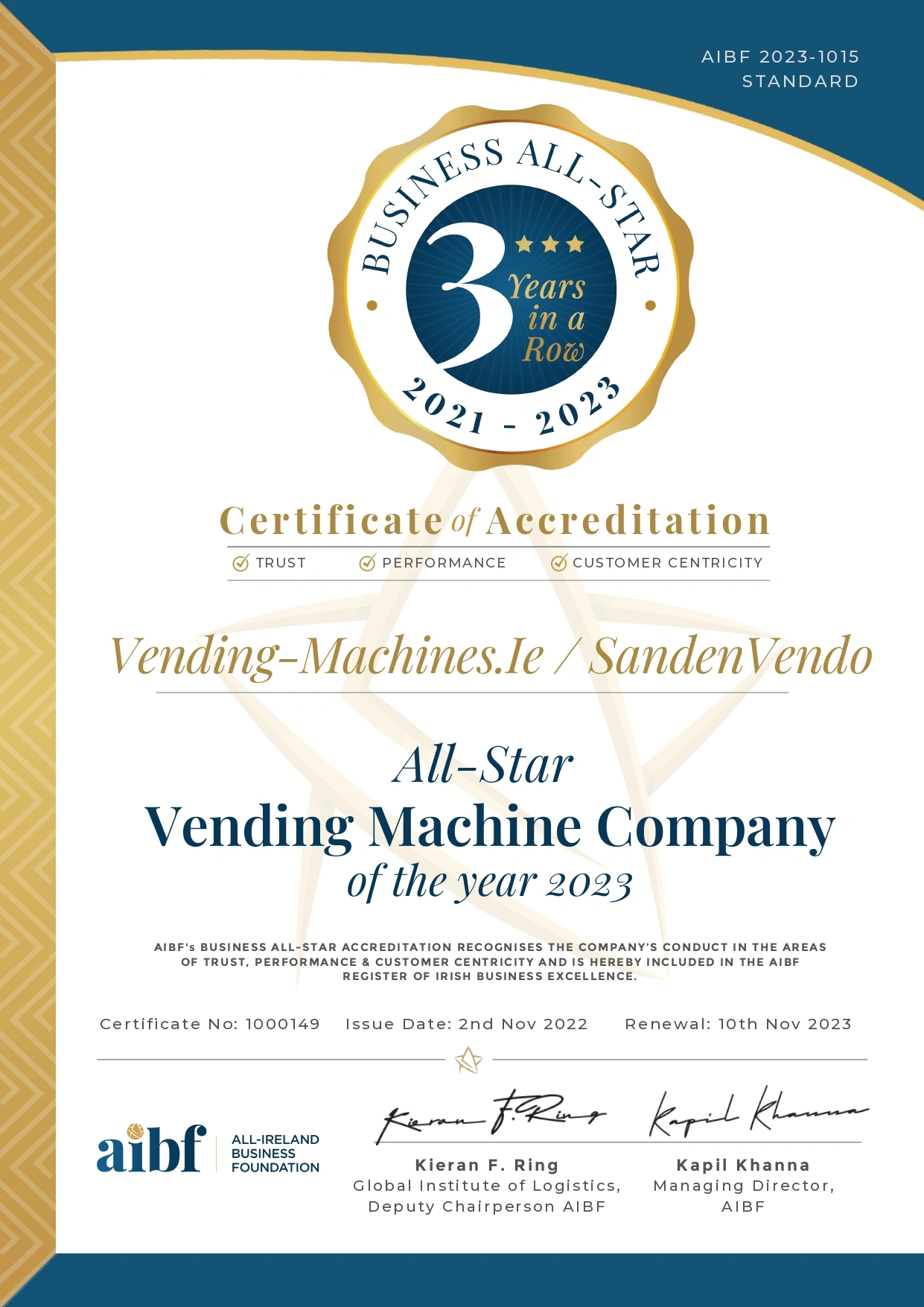 Vending-Machines.ie Business All-Star Vending Machine Company of the Year 2023 certificate of accreditation