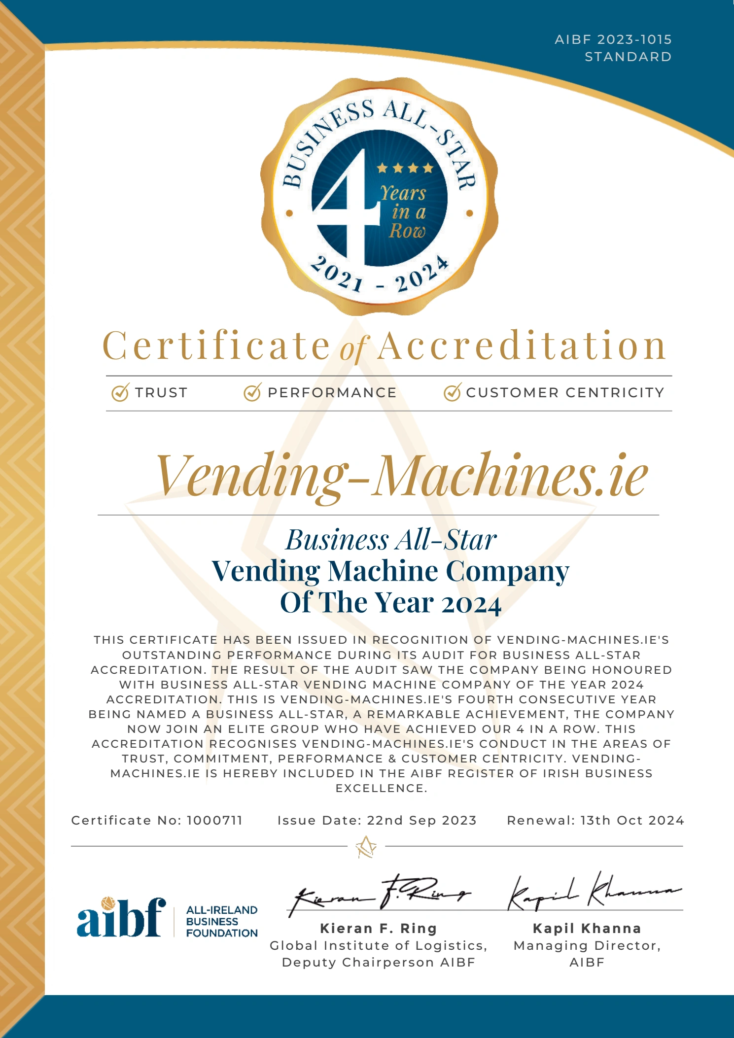 Vending-Machines.ie Business All-Star Vending Machine Company of the Year 2024 certificate of accreditation