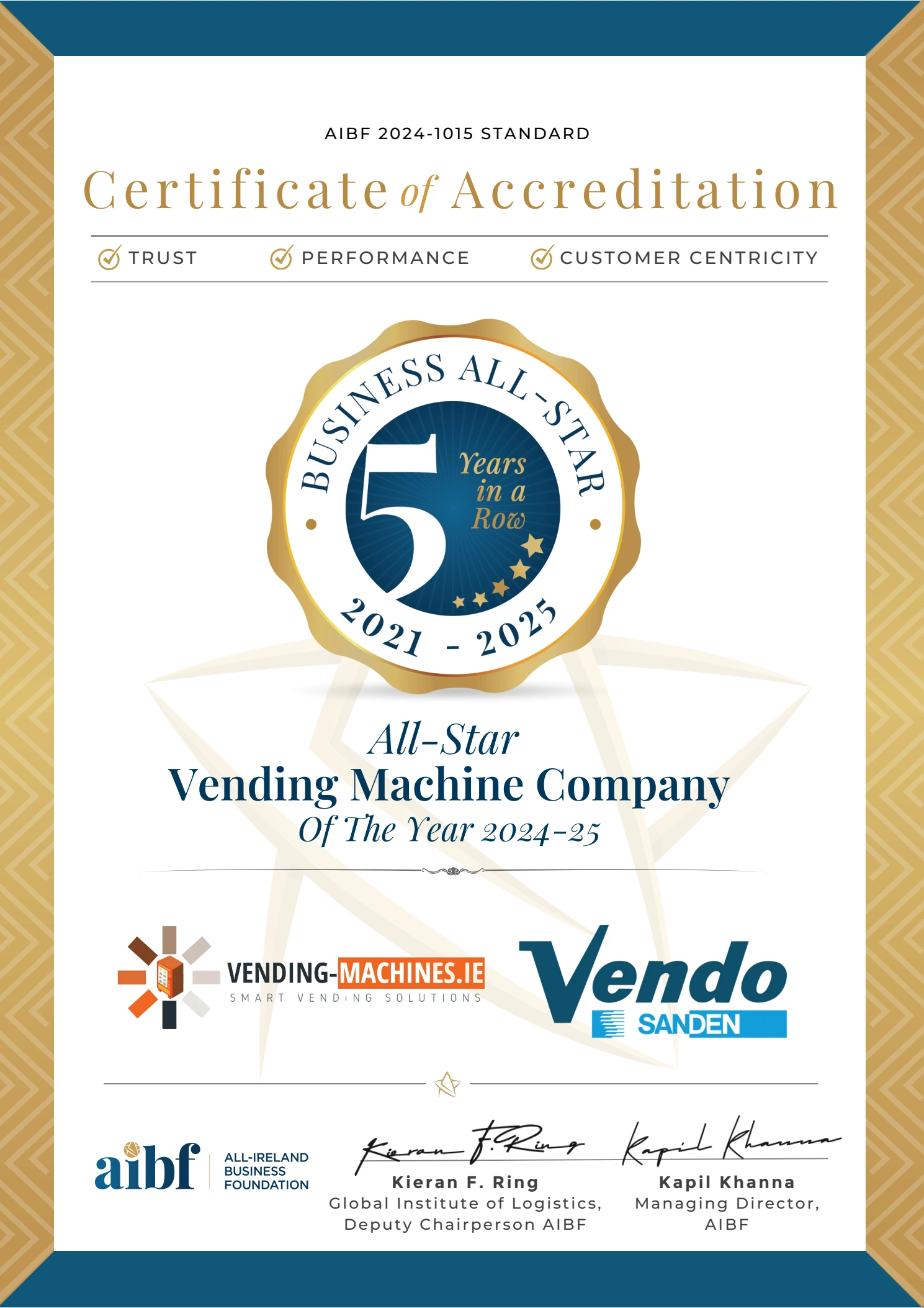 Vending-Machines.ie Business All-Star Vending Machine Company of the Year 2025 certificate of accreditation