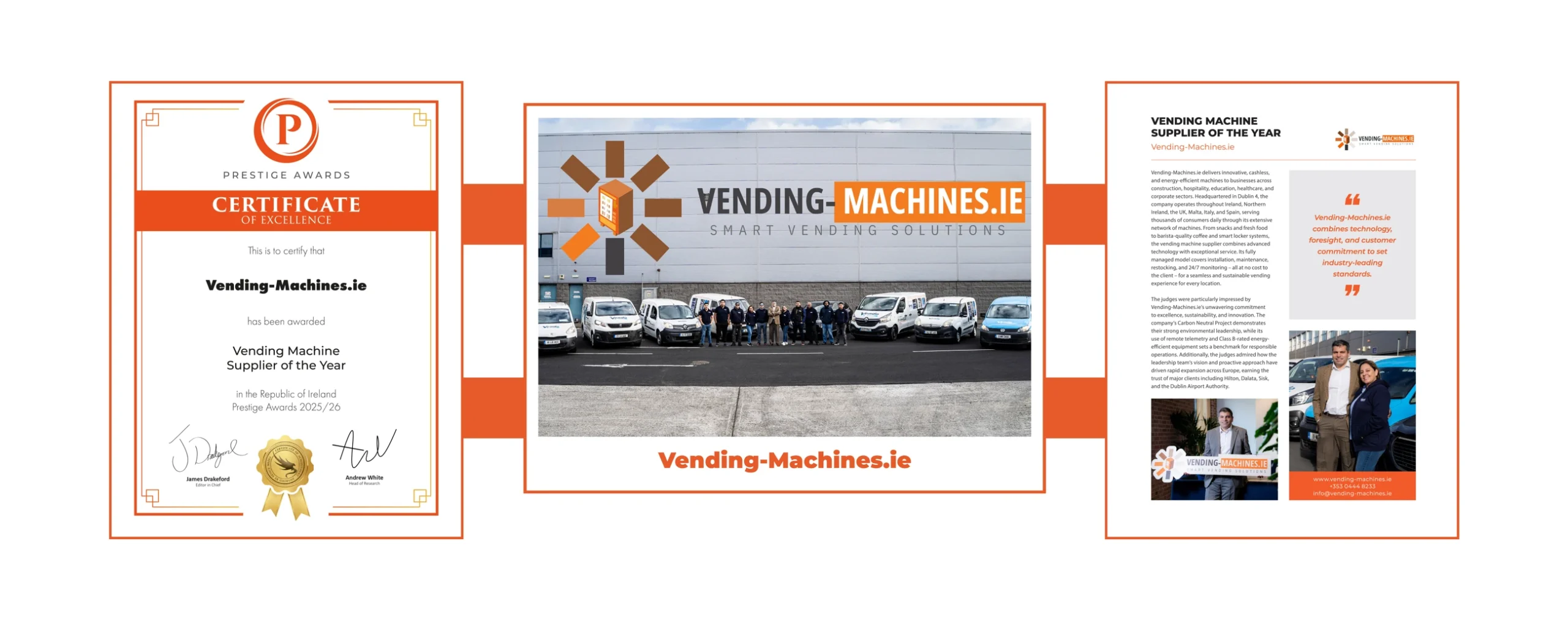Prestige Awards 2025/26 presentation: award certificate, Vending-Machines.ie team and the judges’ feature