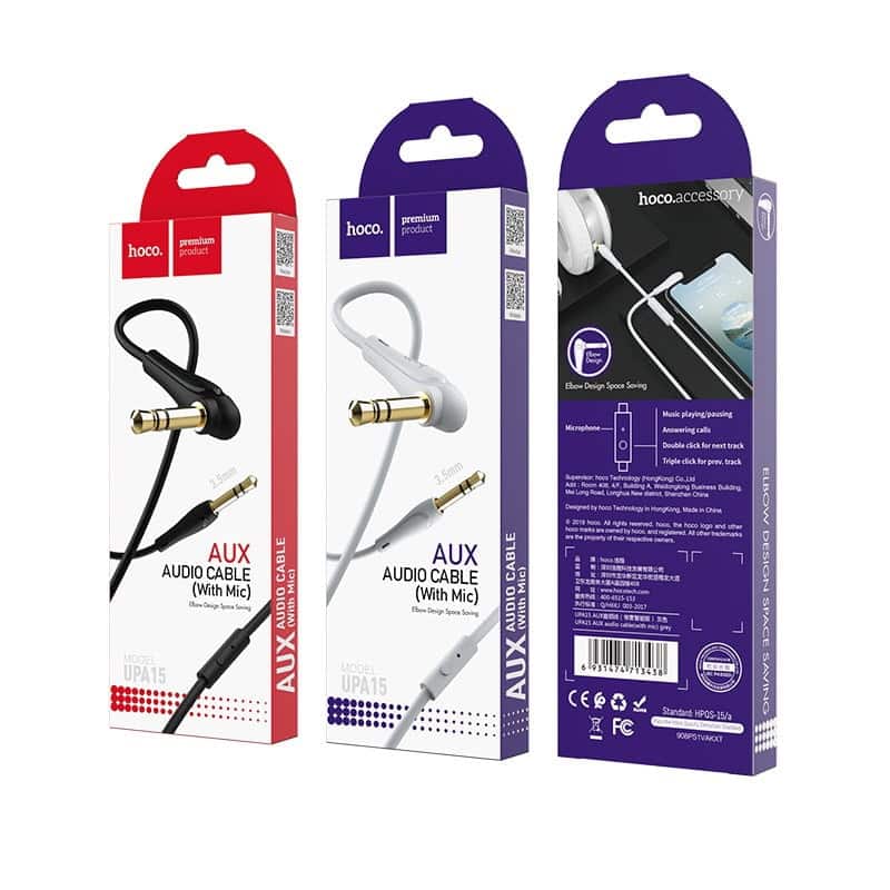 Hoco UPA15 Elbow Design AUX Cable with Single Button MIC 1m Black