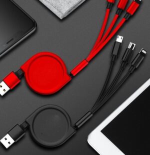Smooth Brushed Retractable 3 In 1 Lighting, Micro & Type-c USB Cable Black