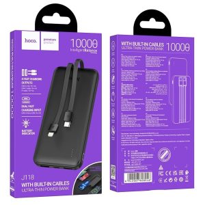 Hoco J118 Ultra Slim Built In Cable PowerBank 10000 mAh Black