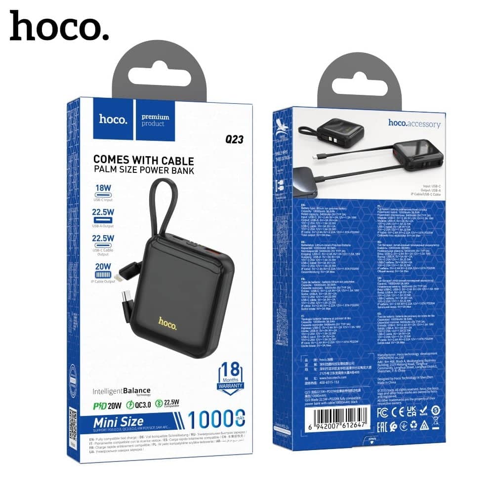 Hoco Q23 Blade (22.5W+PD20W) (Type-C & Lightning) Cable Built In Power Bank with Cable(10000mAh) Black