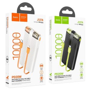 Hoco J127A Mecha PD20W Power Bank with (Type-C & iP) Cable and Digital Display (10000mAh) White