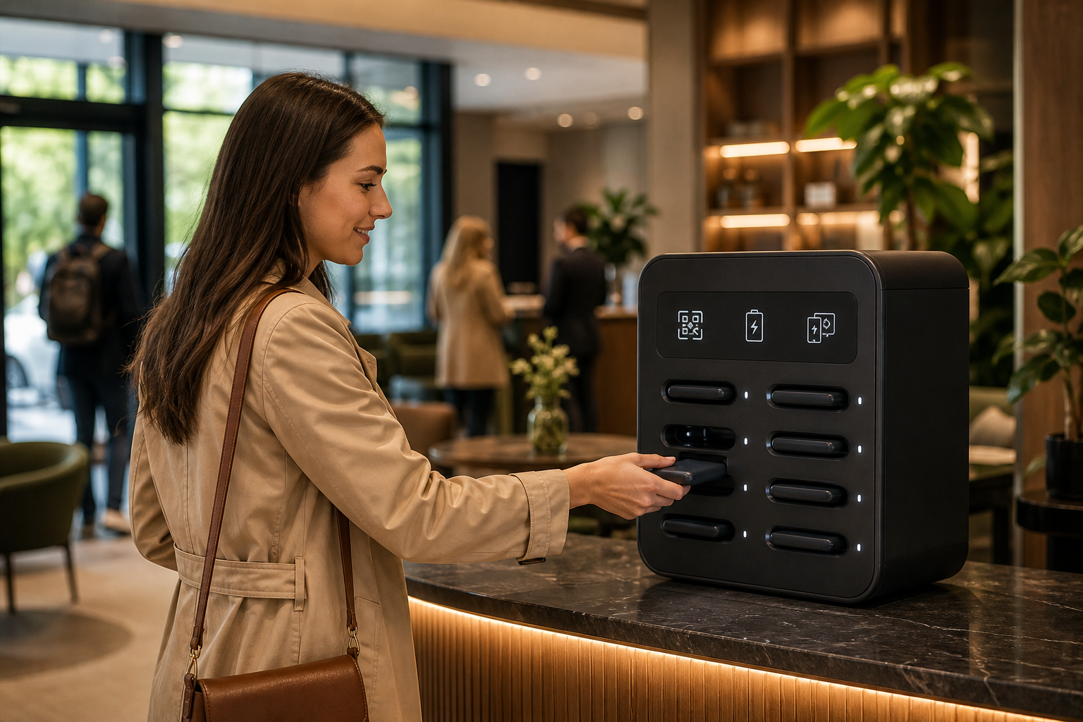 Customer using a modern power bank rental station in a hotel