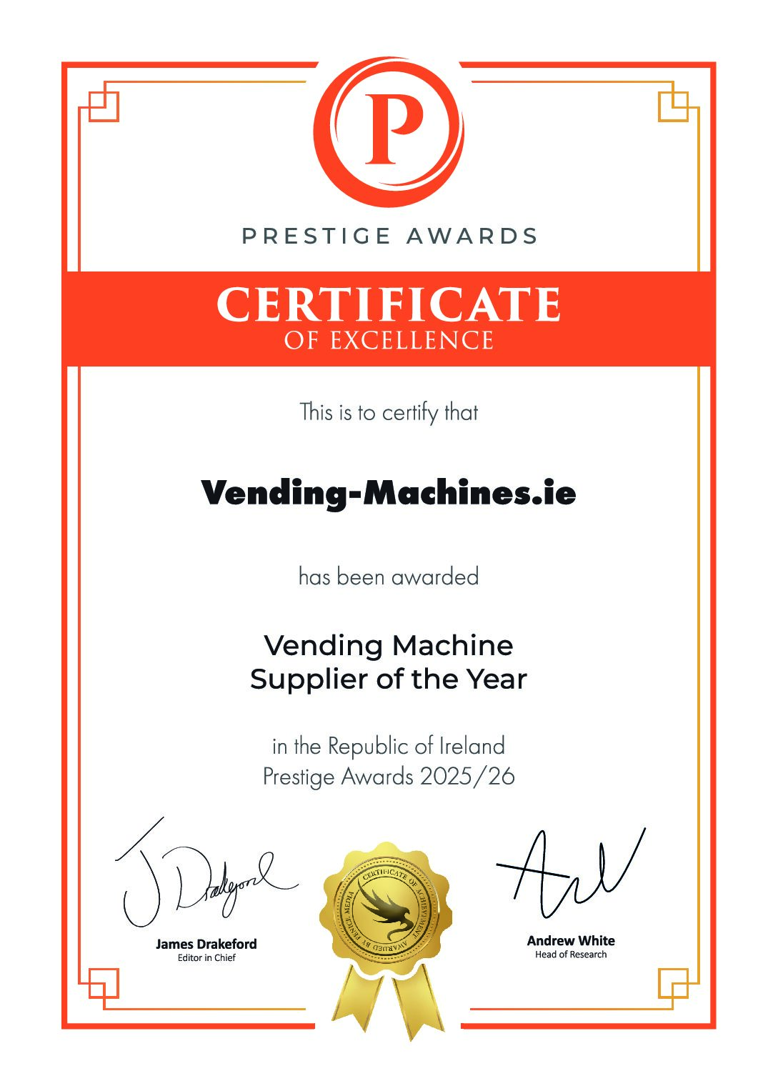 Prestige Awards 2025/26 certificate: Vending Machine Supplier of the Year in the Republic of Ireland
