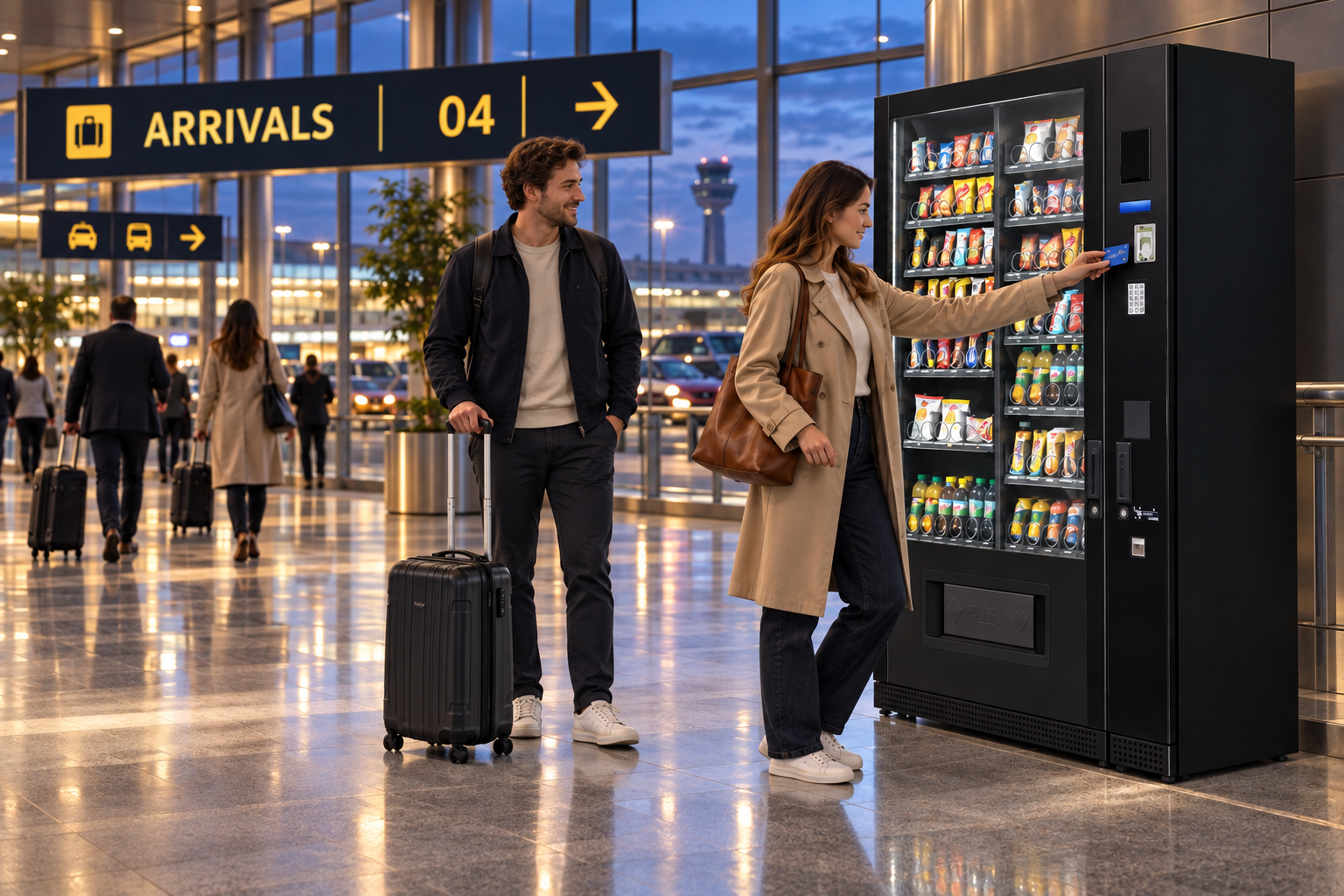Travellers buying a snack with a contactless card at a SandenVendo machine in an airport arrivals hall