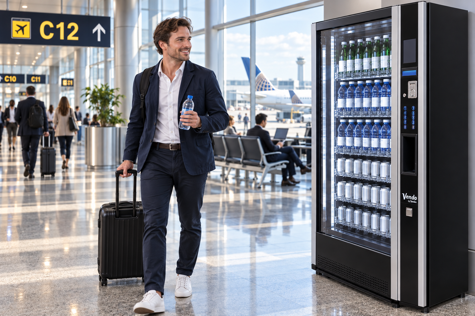 Airport traveller with bottled water beside a SandenVendo G-Drink machine between connecting gates