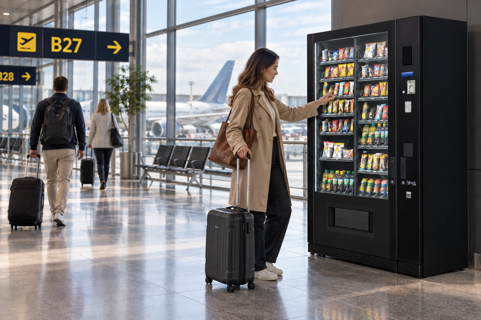 Traveller choosing a snack from a SandenVendo G-Snack Standard in an airport departure concourse