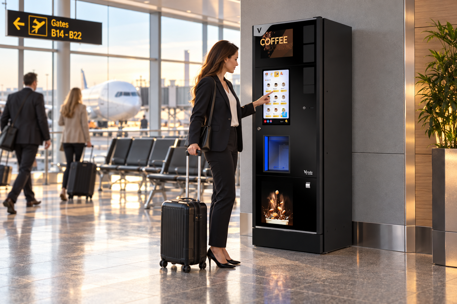 Traveller choosing coffee from a SandenVendo HS7 Touch in an airport departure lounge