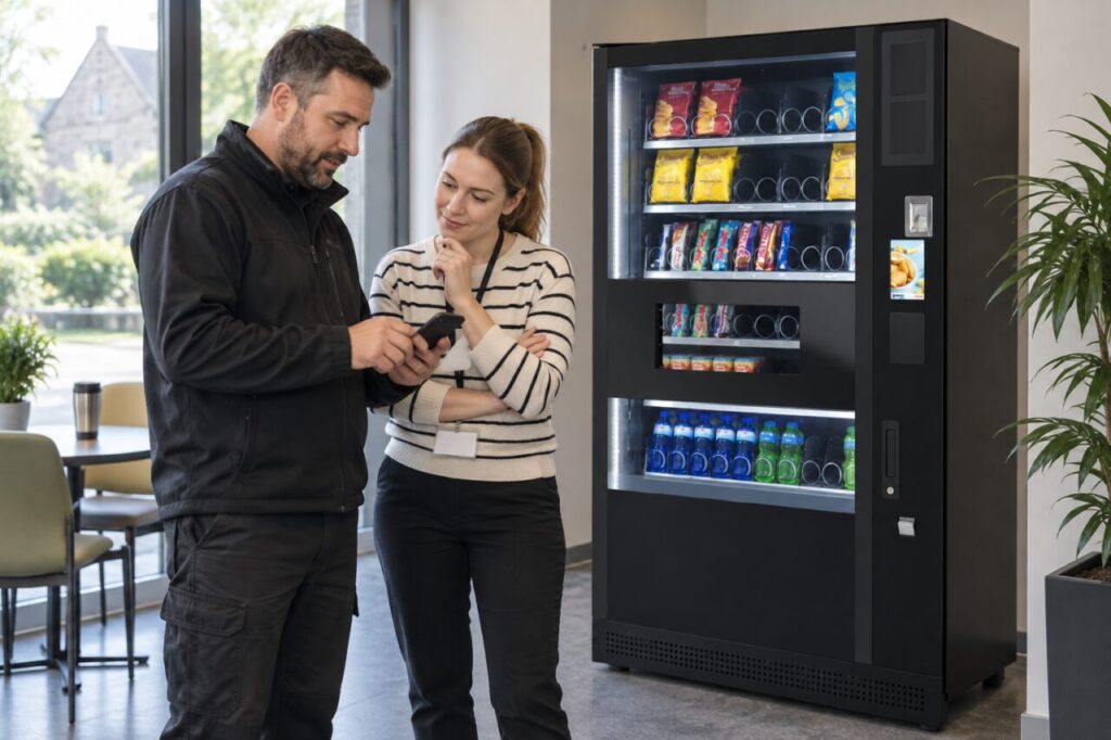 Colleagues check a stock notification beside a SandenVendo vending machine.