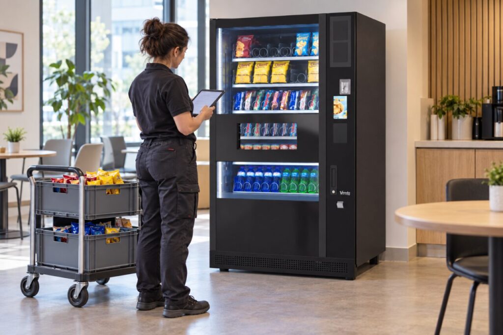A refill worker checks a tablet and low stock beside a SandenVendo vending machine.