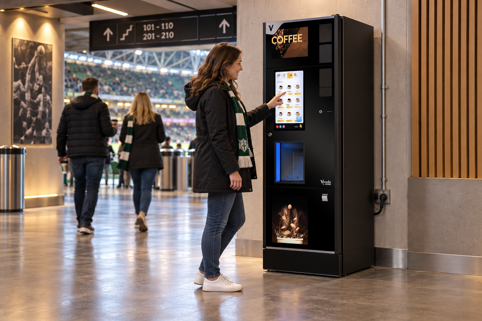 Spectator selecting coffee from a SandenVendo HS7 Touch in a sports arena concourse
