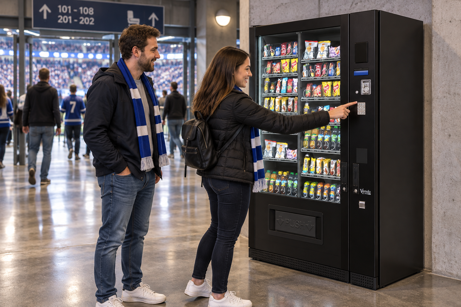 Spectators buying snacks from a SandenVendo G-Snack Standard in a sports arena