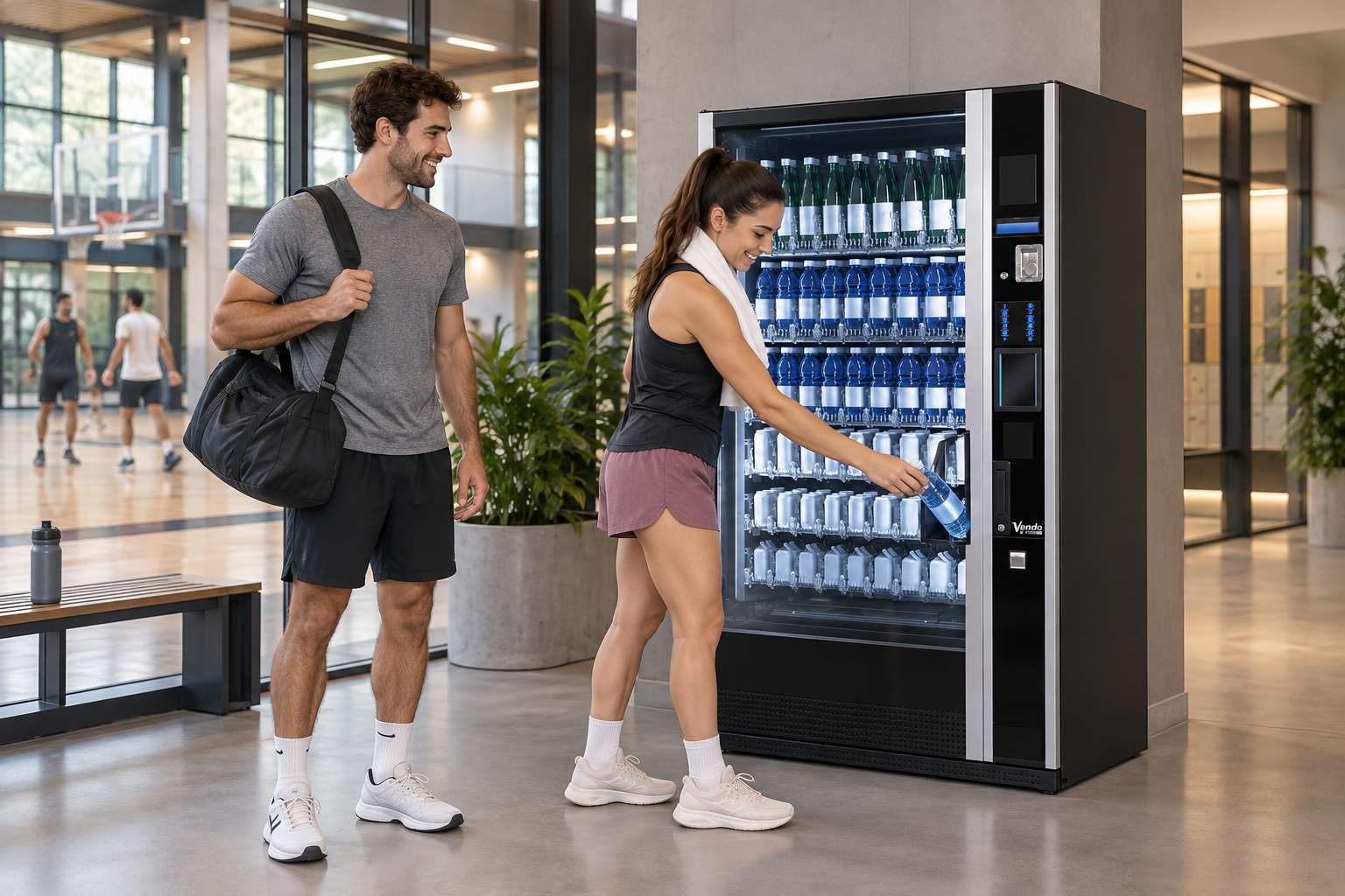 Athletes using a SandenVendo G-Drink machine at an indoor sports centre