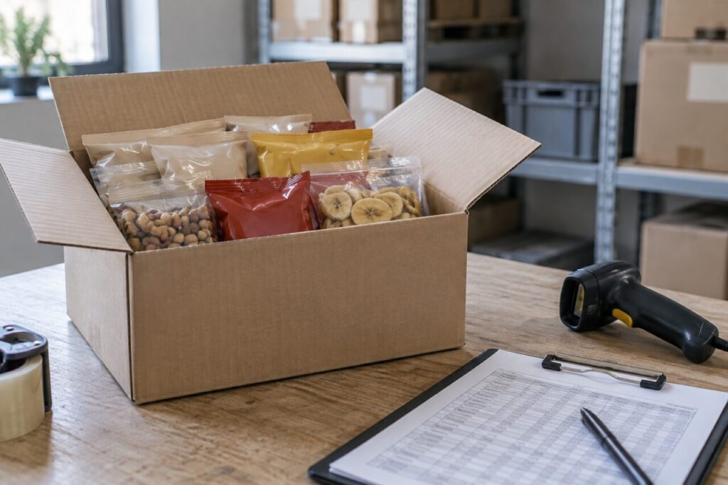 Box of sealed snack packets beside a barcode scanner and stock record clipboard