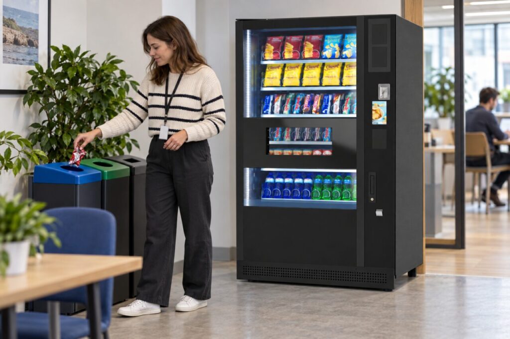Employee sorting snack packaging at a waste station beside a vending machine