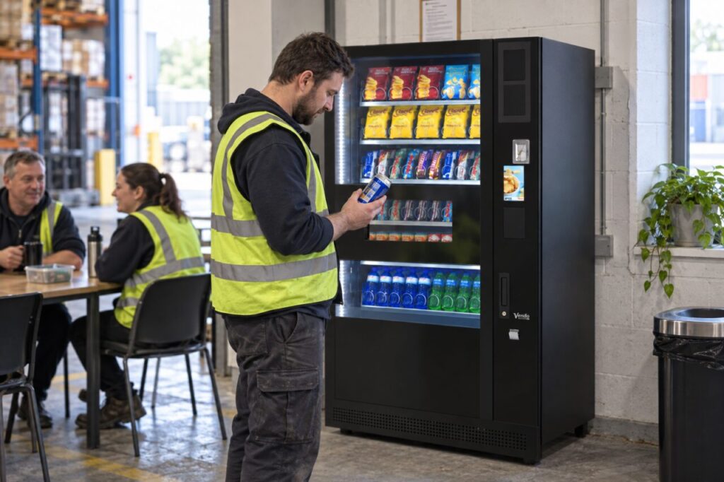 An adult employee reads a drink can label beside a SandenVendo vending machine.
