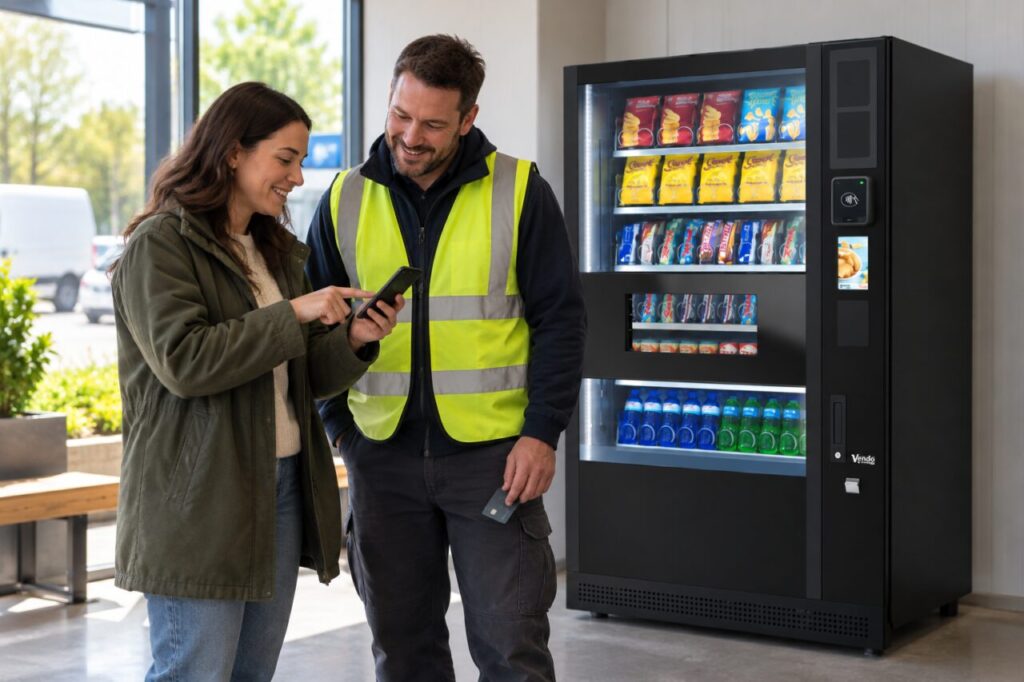 A customer points out a transaction on their phone to a site worker beside a SandenVendo vending machine