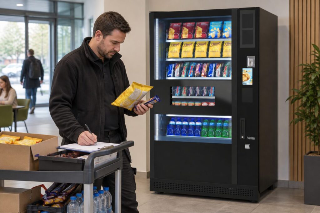 An operator compares different snack pack sizes beside a SandenVendo vending machine.