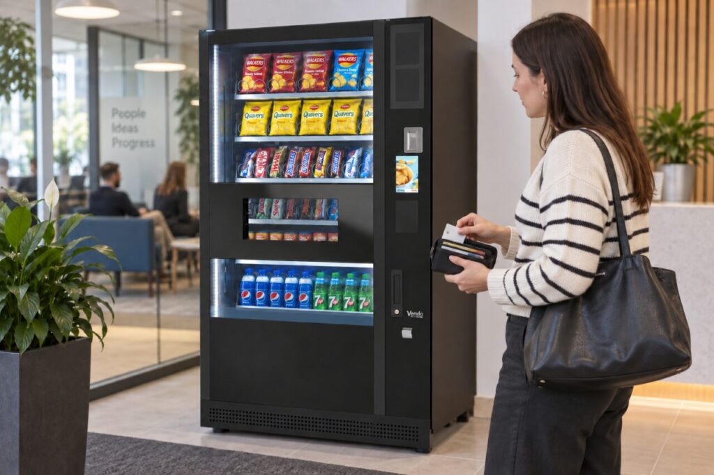 Customer taking one bank card from a wallet beside a SandenVendo vending machine
