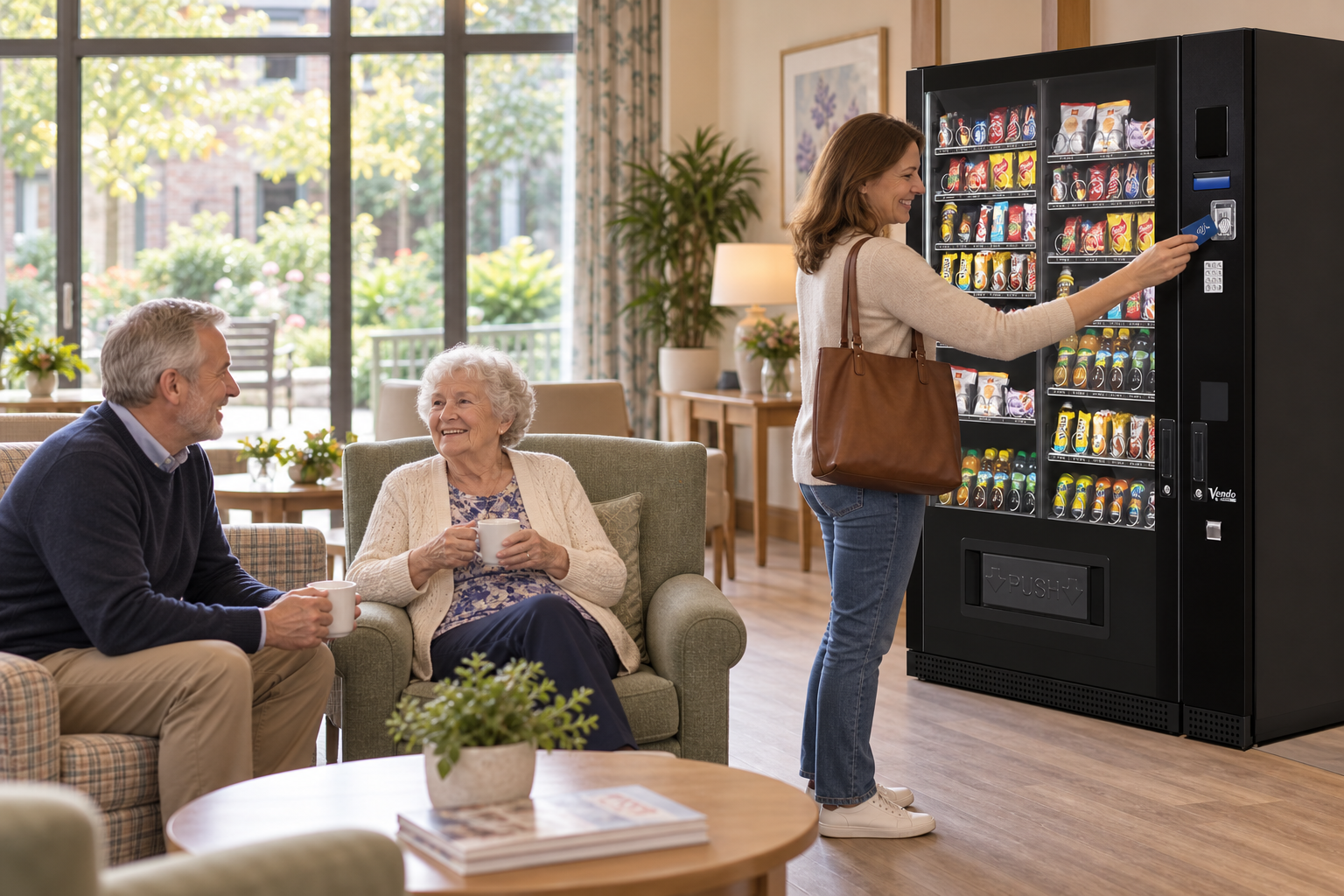 A family visitor buying a snack from a SandenVendo G-Snack Standard in a nursing-home lounge