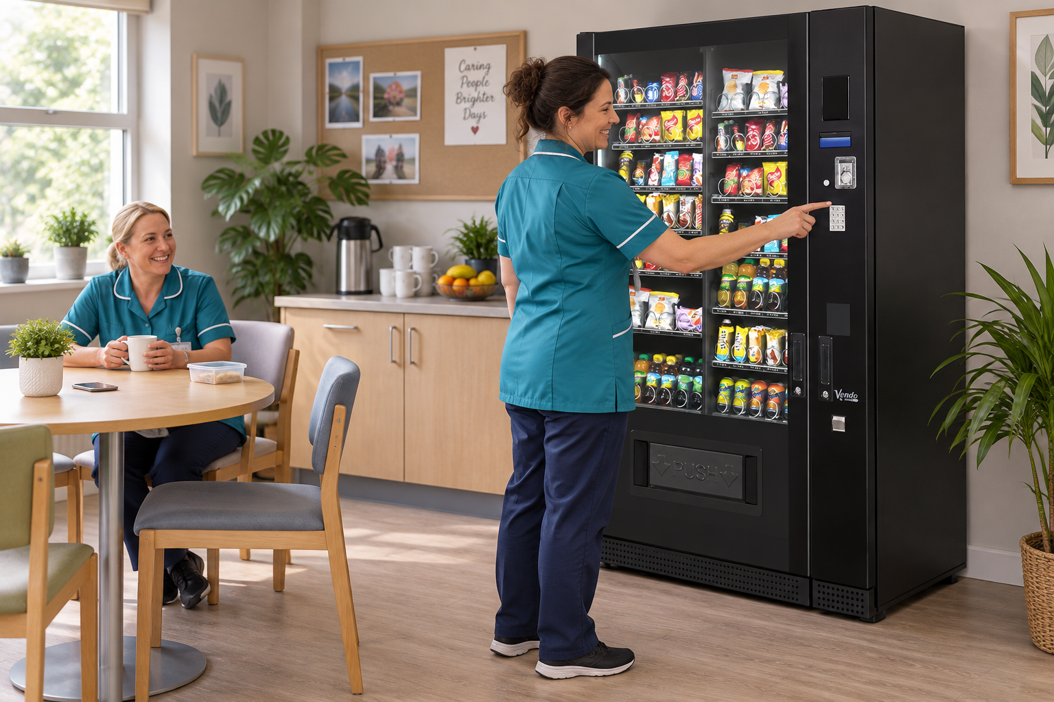 Nursing-home care workers using a SandenVendo G-Snack Standard on a staff break