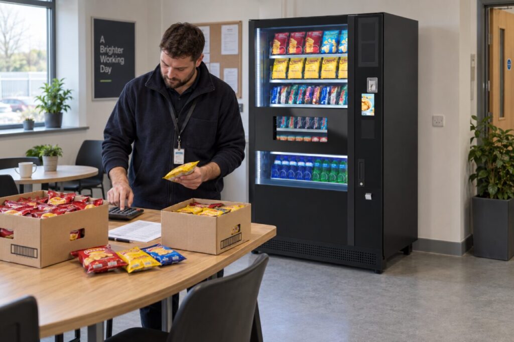 An operator compares snack case costs beside a SandenVendo machine.