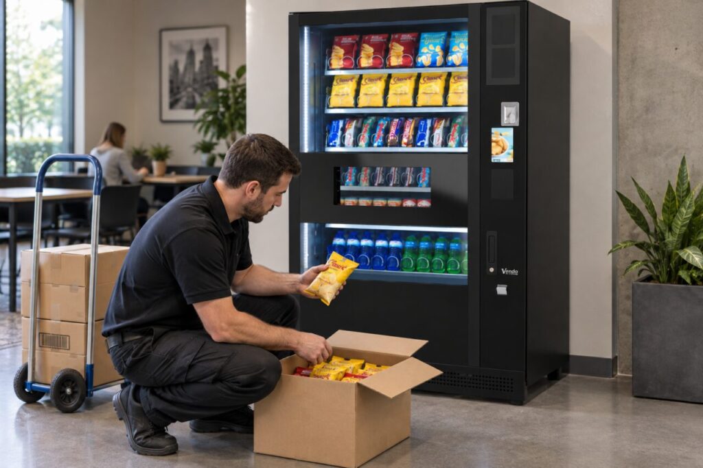 A refill worker compares an individual snack packet with a delivery carton beside a SandenVendo vending machine.