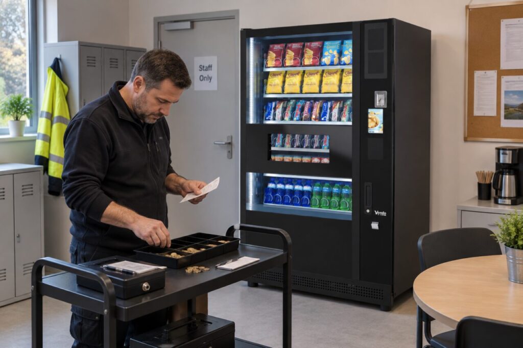 Vending operator counting coins into a tray beside a closed SandenVendo machine