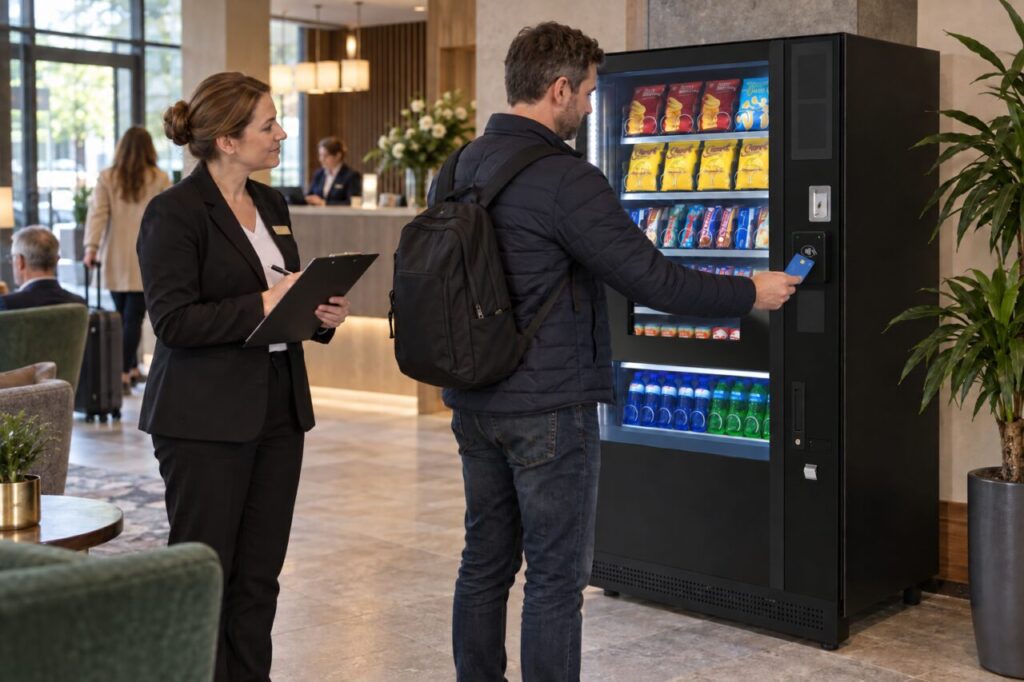 A guest tests card payment while a hotel manager observes beside a SandenVendo machine.
