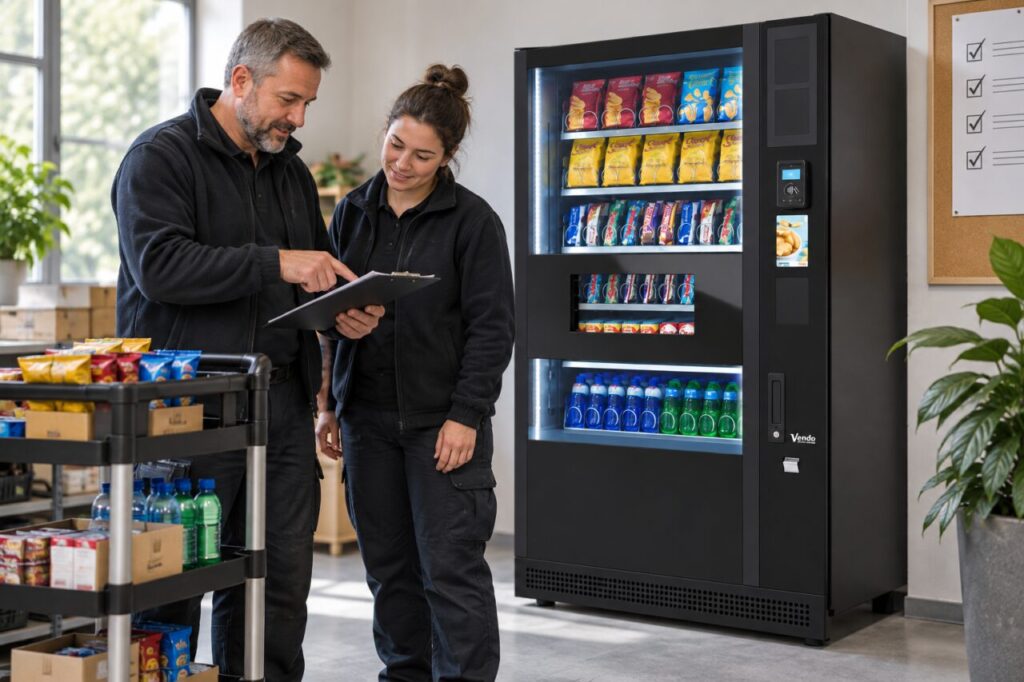 An experienced refill worker explains a site checklist to a replacement colleague beside a SandenVendo vending machine and a neat snack trolley.