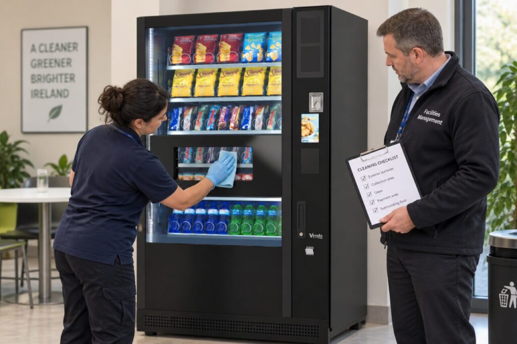 Cleaner wiping the vending collection-area surround beside a manager with a checklist