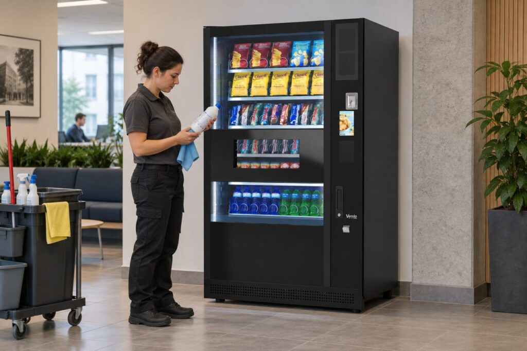 A cleaner reads a product label while holding a cloth beside a SandenVendo vending machine.