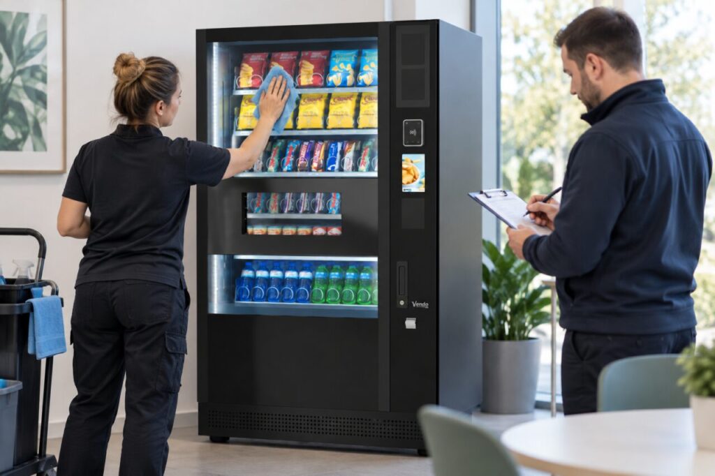 A cleaner wipes the exterior glass of a SandenVendo vending machine with a cloth while a colleague records completion on a clipboard