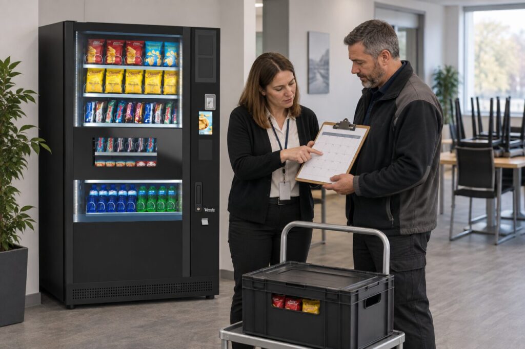 Facilities manager and vending operator planning closure dates beside a SandenVendo machine