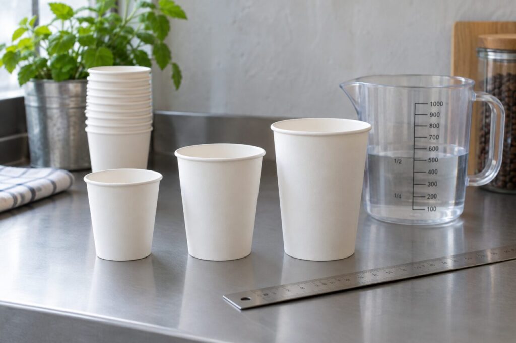 Plain paper cups of different sizes beside a measuring jug and ruler