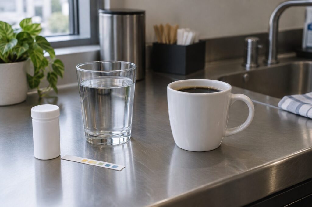 Glass of water and a cup of coffee beside a water test kit