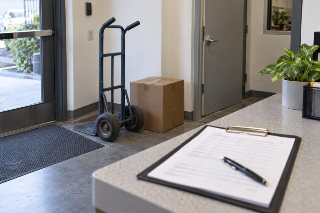 Sack truck and closed carton near an office service entrance with a handover clipboard