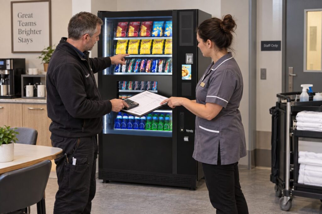 A vending operator and site representative review a statement and calculator beside a SandenVendo machine.