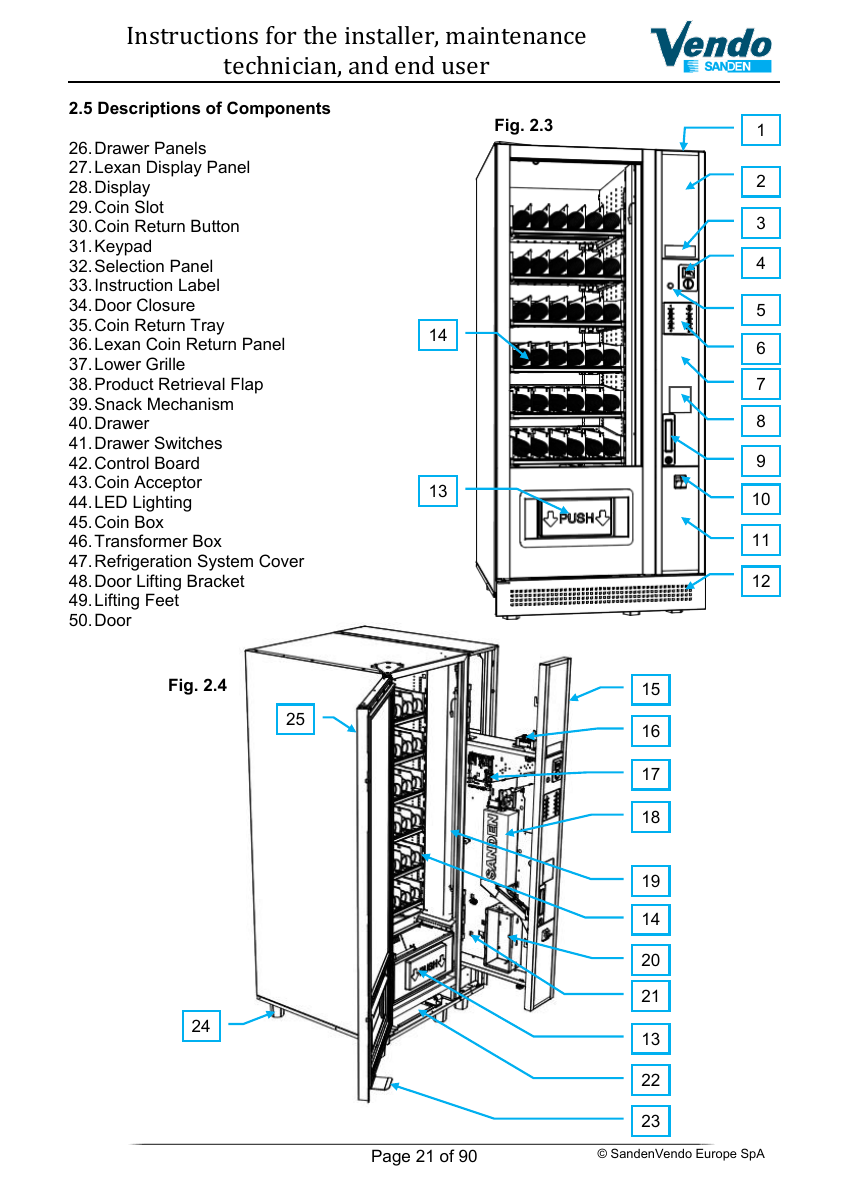 SandenVendo G-Snack machine and internal components, manufacturer manual figures 2.3 and 2.4