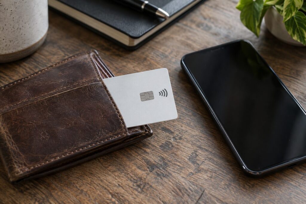 Unbranded payment card in a wallet beside a phone on an office table