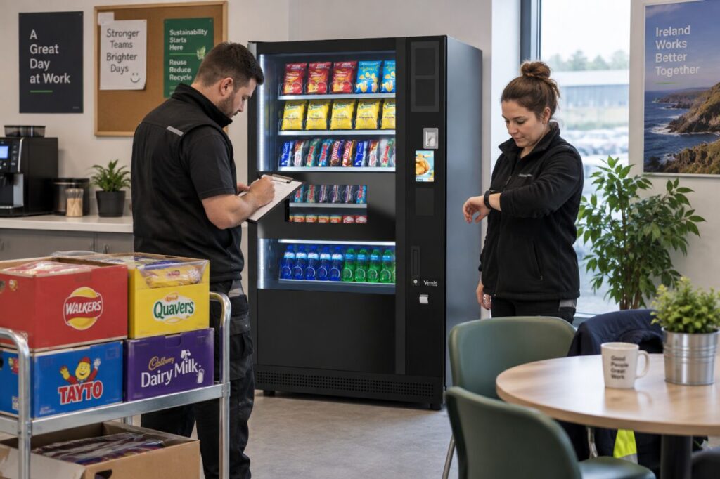 Operator recording a refill visit beside a vending machine and stock trolley