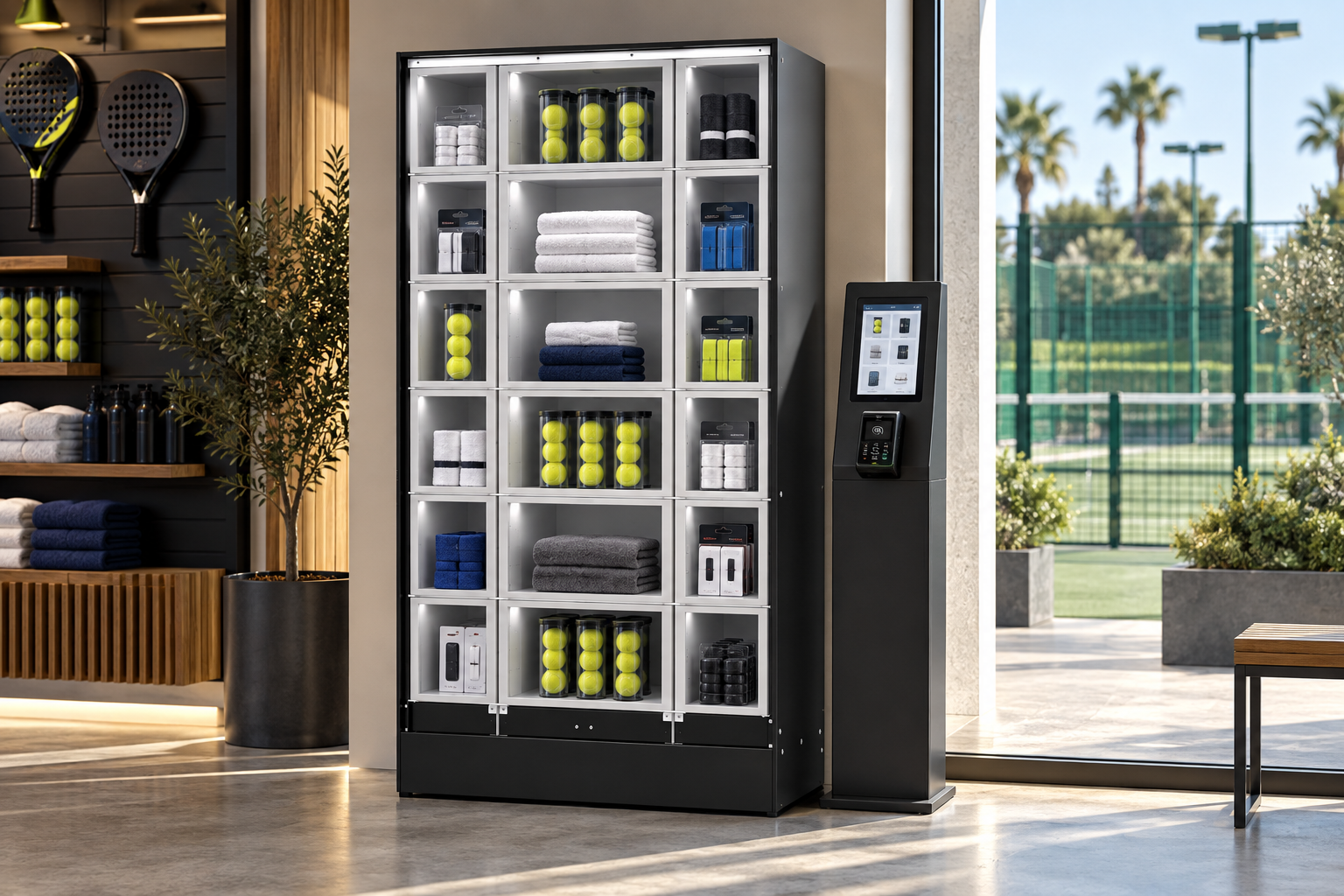 SandenVendo glass-front locker with tennis balls and accessories at a club