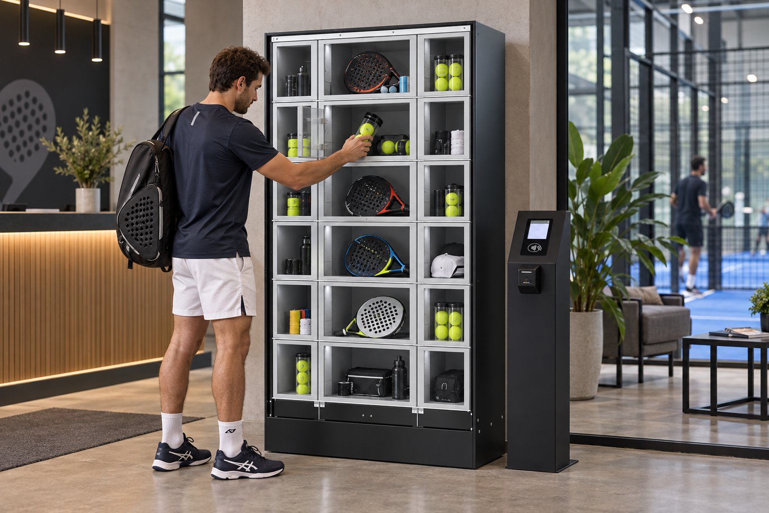 Player collecting a tube of padel balls from a SandenVendo connected locker