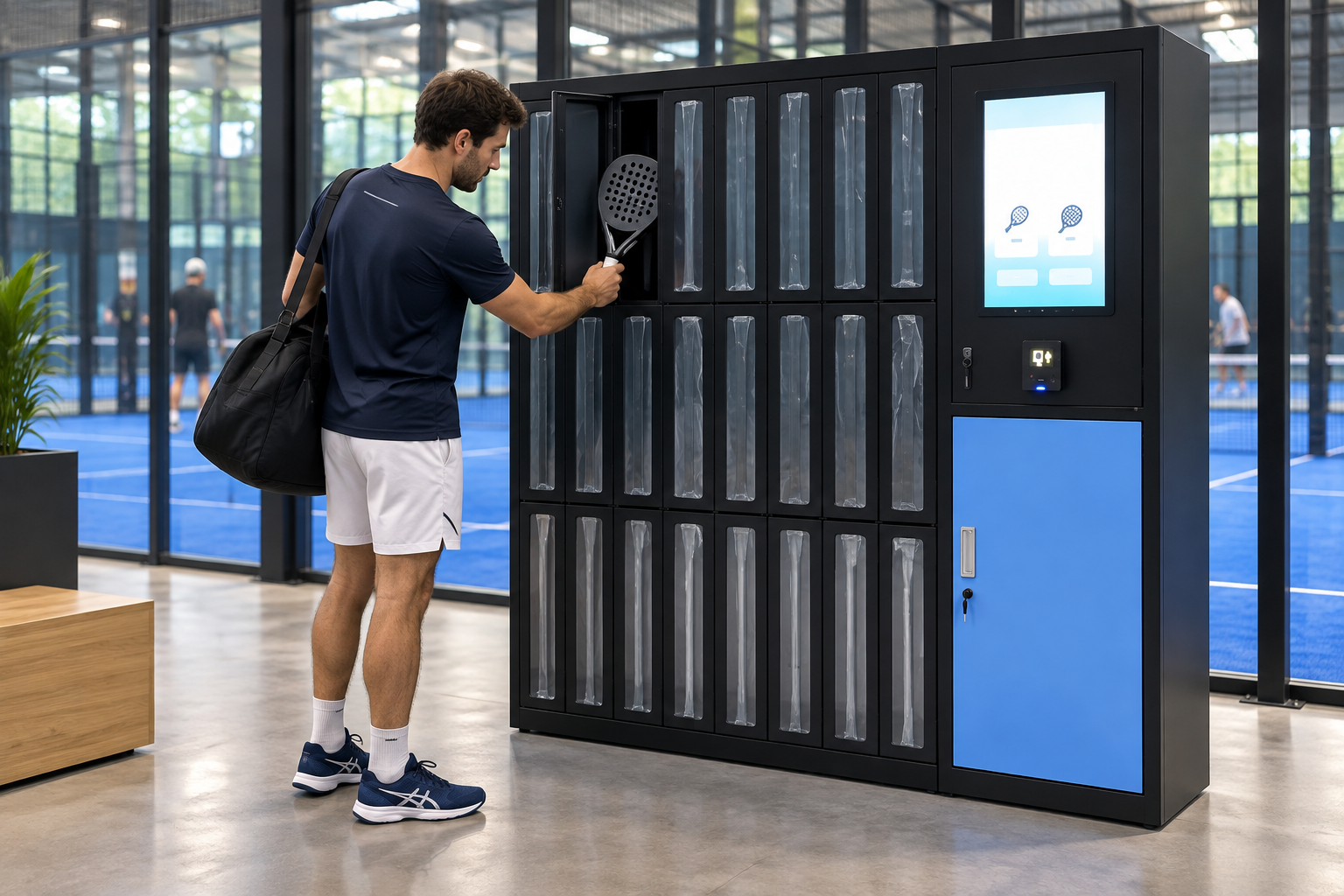 Padel player collecting a racket from the dedicated rental locker
