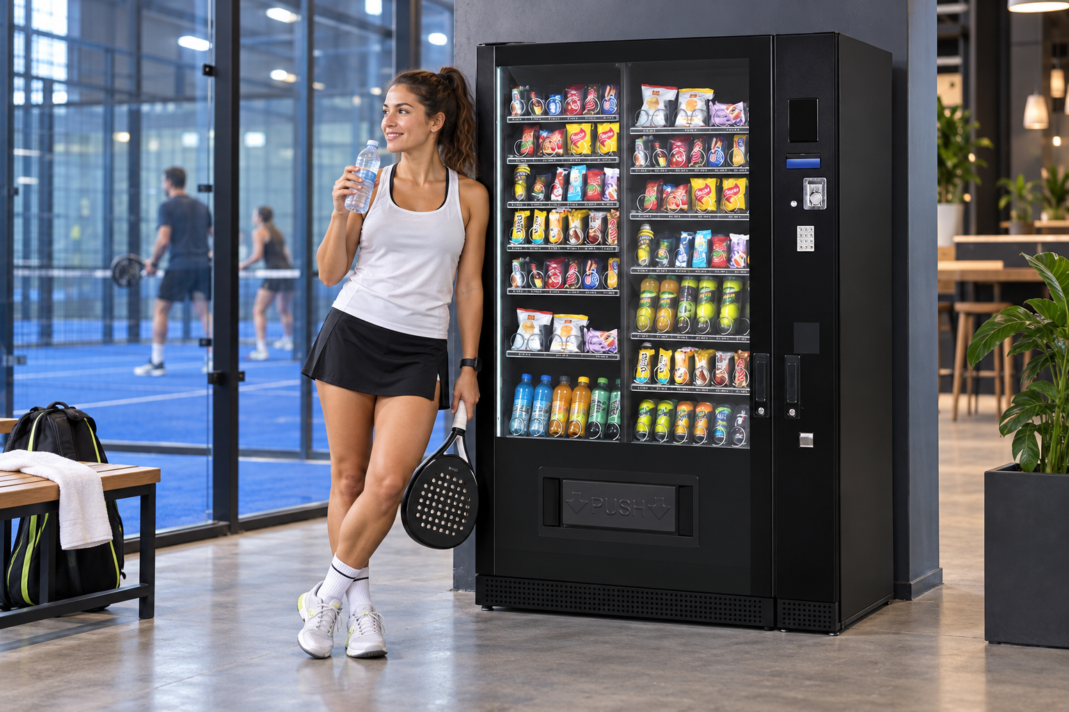 Padel player with bottled water beside a G-Snack machine