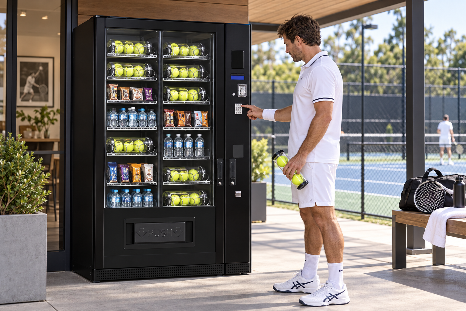 Player buying a tube of three tennis balls from a configured G-Snack machine